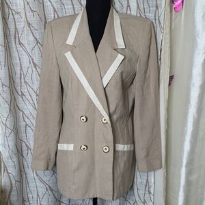 Vintage Tan Beige Double-Breasted Women's Blazer with cream  Trim
